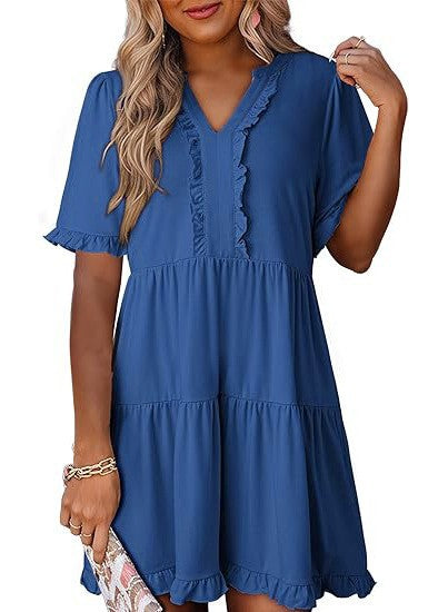 Damen nan leichtes Swingkleid mit V-Ausschnitt, gestufter Rockpartie und zarten Volants Echo Archiv