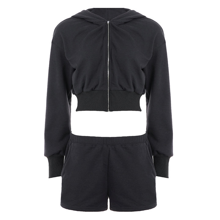 Damen Kurzes Kapuzen-Sweatset mit Reißverschluss, tailliertem Cropped-Hoodie und hochgeschnittenen Relax-Shorts Echo Archiv