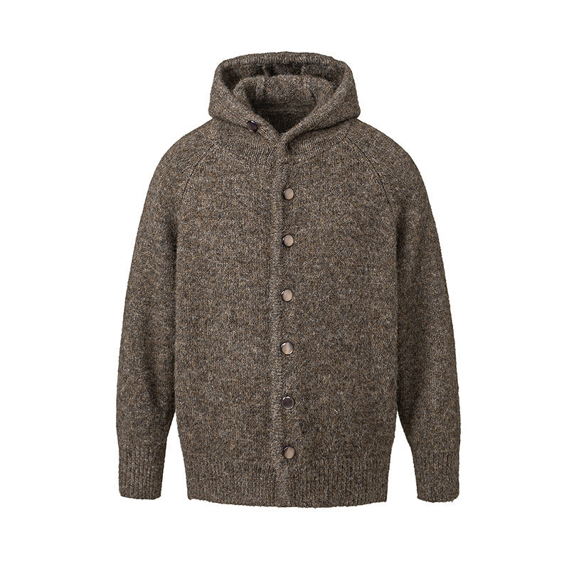 Herren Grobgestrickter Kapuzen-Cardigan mit durchgehender Knopfleiste und Rippenbündchen Echo Archiv