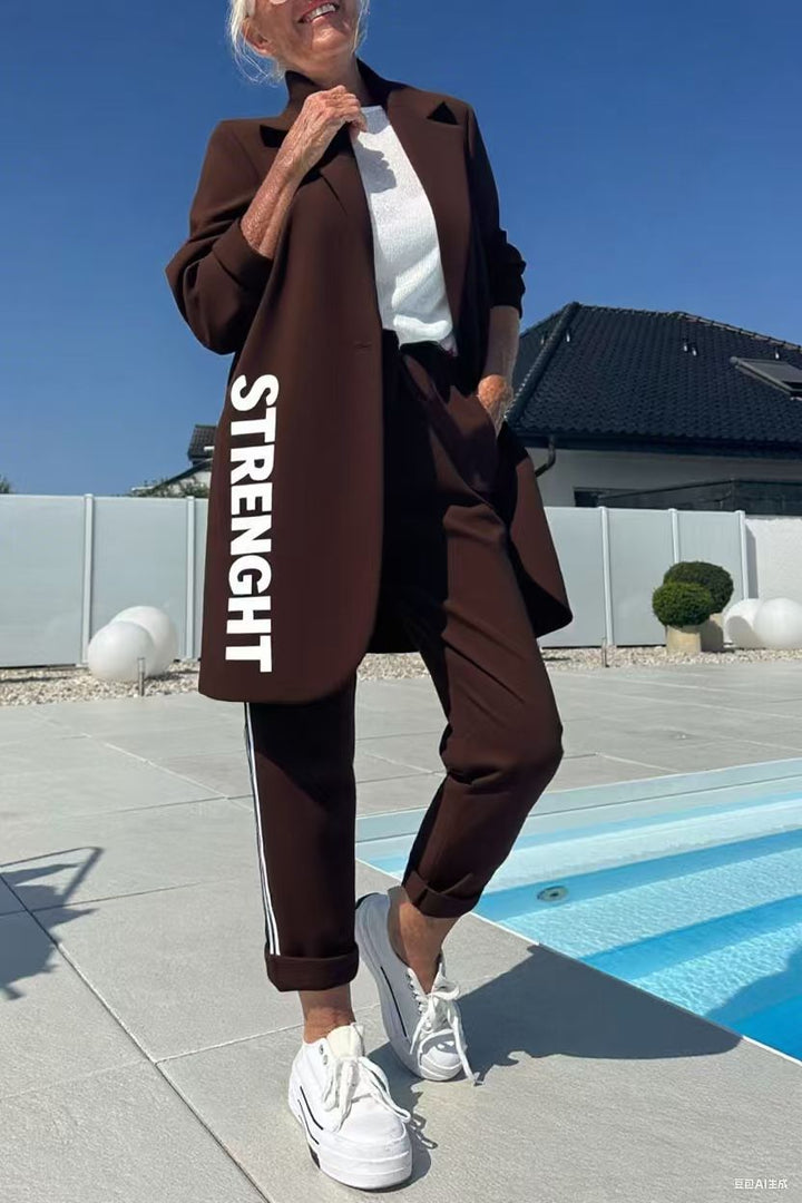 Length Letter Printed Trenchcoat und Hose Zweiteiler Satz – Avérine