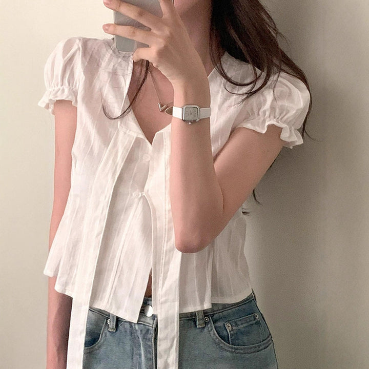 Damen kurzarm bluse mit dekorativen bindebändern Echo Archiv