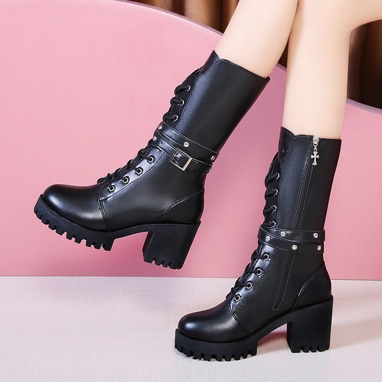 Damen nan mittelhohe Schnürstiefel mit Profilsohle, Blockabsatz und Ziergurt Echo Archiv