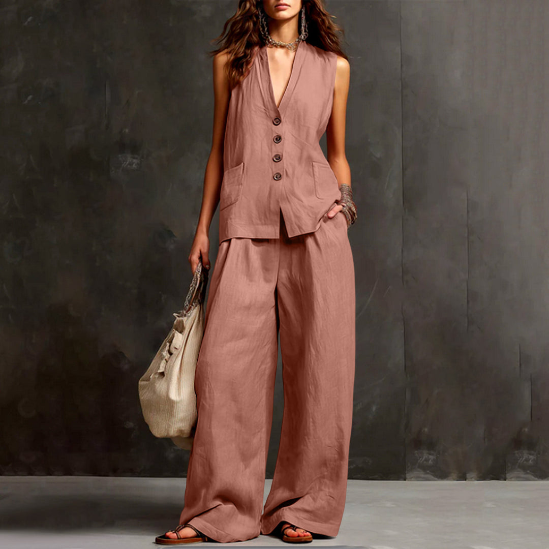 Damen Ärmelloses Longline-Westen und Palazzo-Hosen Set aus Leinenoptik – Célinea