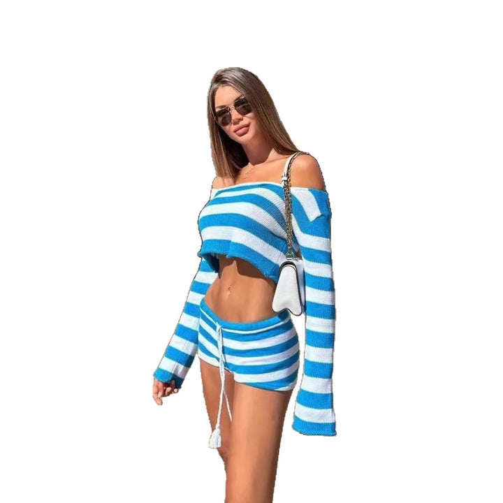 Damen lässiges Strand-Set mit cropped Pullover und kurzen Hosen Echo Archiv