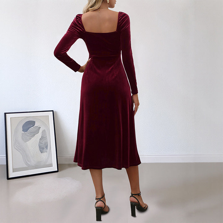 Damen Samt-Midikleid mit herzförmigem Ausschnitt, taillierter Silhouette und Langarm Echoarchiv