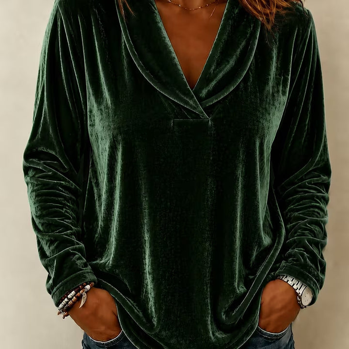 Damen Samt-Longsleeve mit Schalkragen und V-Ausschnitt Echoarchiv