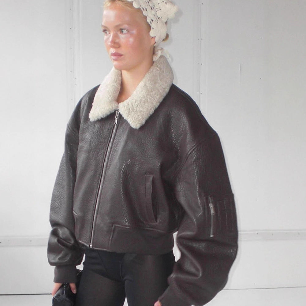 Damen Oversized Fliegerjacke im Biker-Bomber-Stil mit Teddykragen Echoarchiv