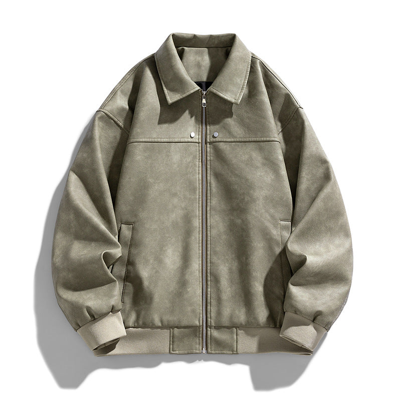 Men's suede-effect collared full-zip bomber jacket with ribbed hem – Brevano