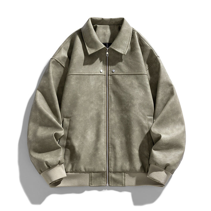 Men's suede-effect collared full-zip bomber jacket with ribbed hem – Brevano