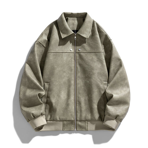 Men's suede-effect collared full-zip bomber jacket with ribbed hem – Brevano