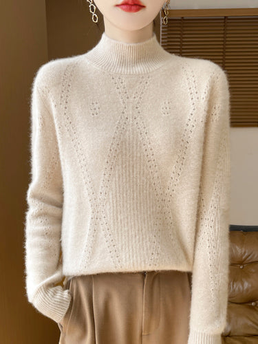 Damen Leichter Mockneck-Feinstrickpullover mit Ajour-Chevron und kaschmirweichem Finish Echoarchiv