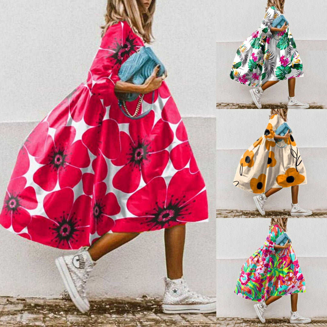 Damen nan leichtes Baumwoll-Swingkleid mit großem Blumenprint, 3/4-Ballonärmeln und geraffter Taille Echo Archiv