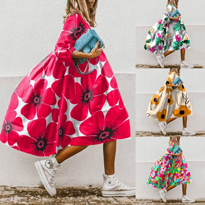 Damen nan leichtes Baumwoll-Swingkleid mit großem Blumenprint, 3/4-Ballonärmeln und geraffter Taille Echo Archiv