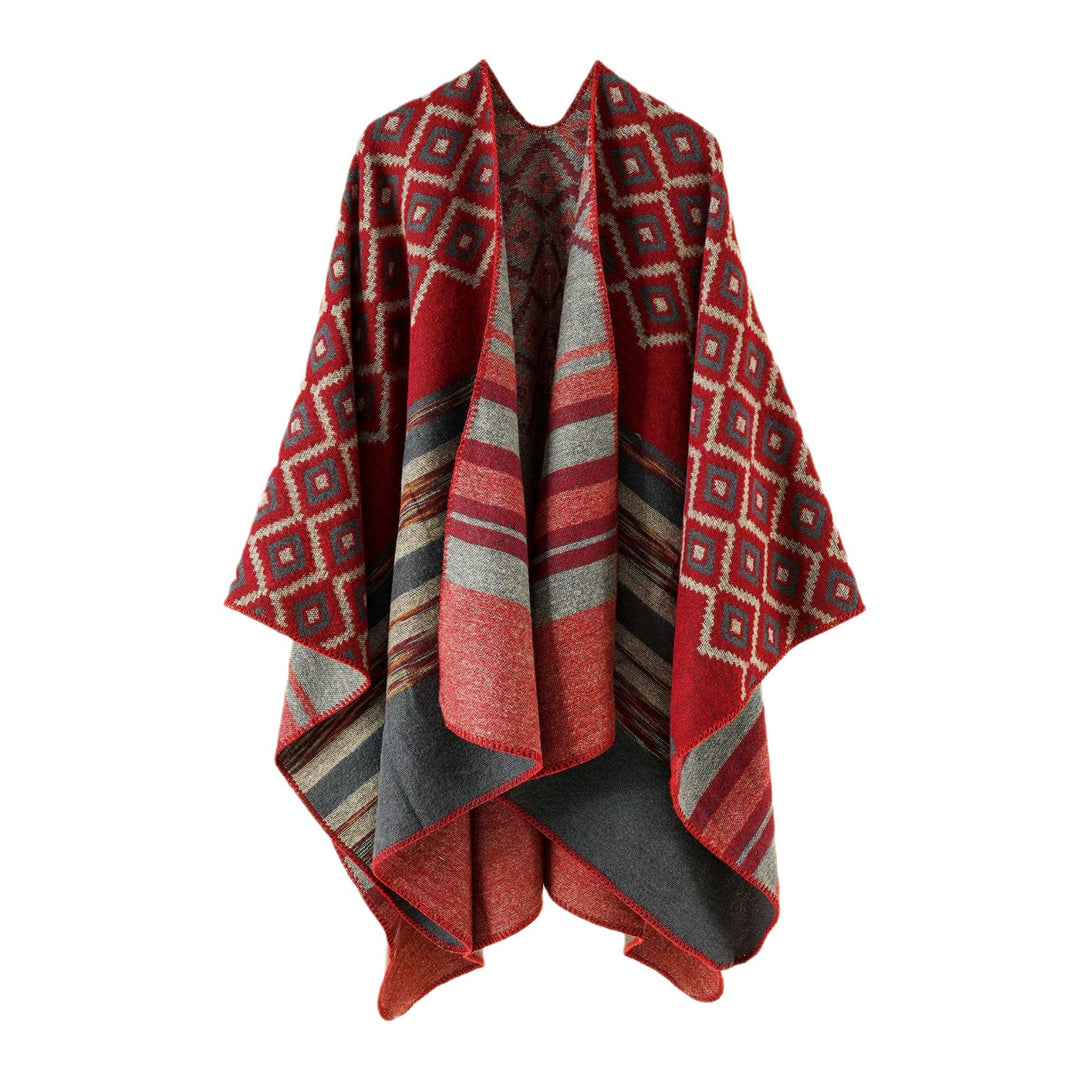 Damen Jacquard-Überwurf mit geometrischem Quadratmuster und offener Front – Avérine
