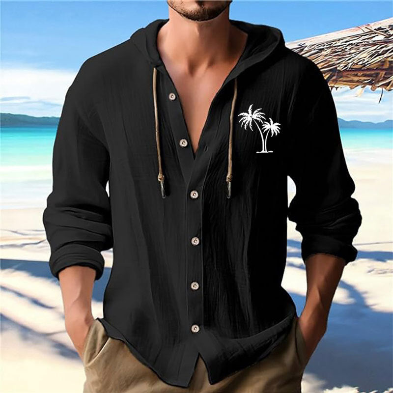 Herren lässiges Kapuzenshirt mit dekorativem Palmendruck und Knopfleiste Echoarchiv