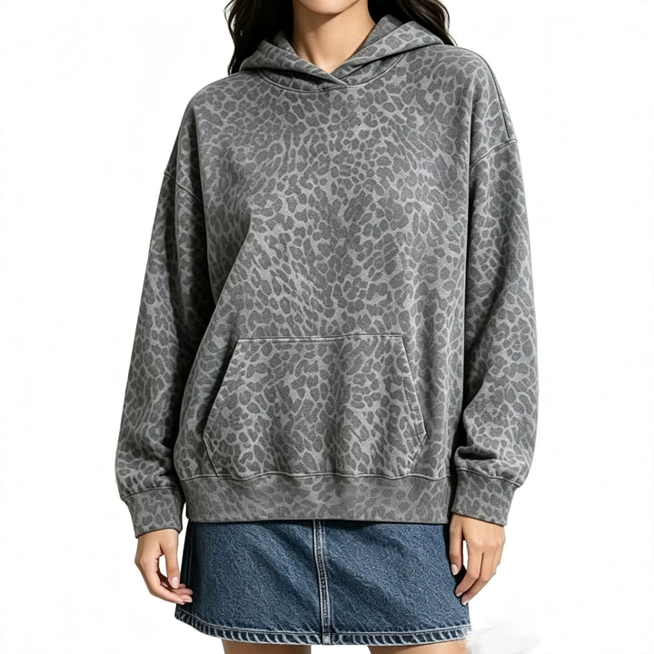 Damen Oversize-Kapuzenpullover mit Leomuster, Kängurutasche und überschnittener Schulter Echo Archiv
