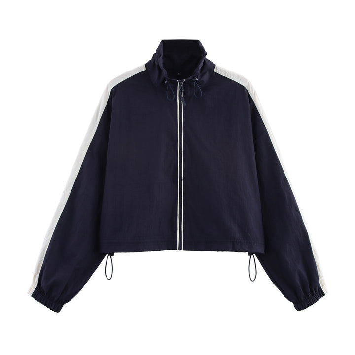 Damen Cropped Windbreaker-Jacke mit hohem Kragen, Tunnelzug und Kontraststreifen Echoarchiv