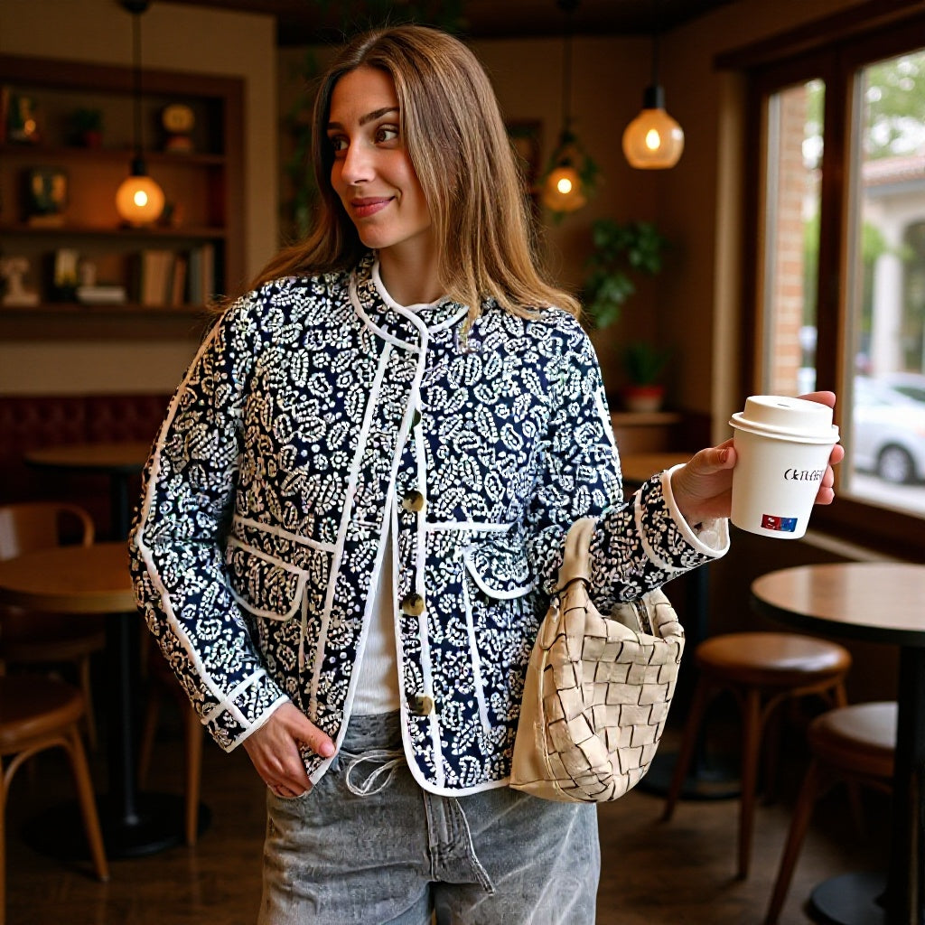 Damen gesteppte Übergangsjacke mit Stehkragen, Paisley‑Print und Kontrastpaspel Echo Archiv