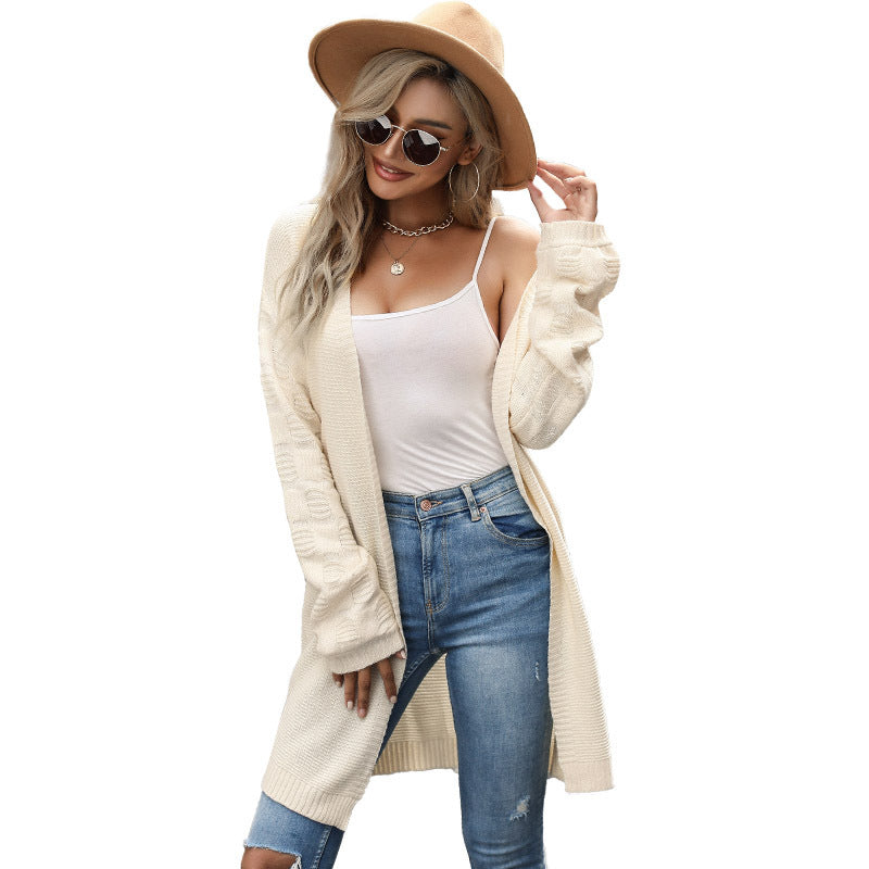 Damen Offener Grobstrick-Cardigan mit Zopfmuster-Ärmeln, verlängerter Länge und geripptem Saum – Veloura