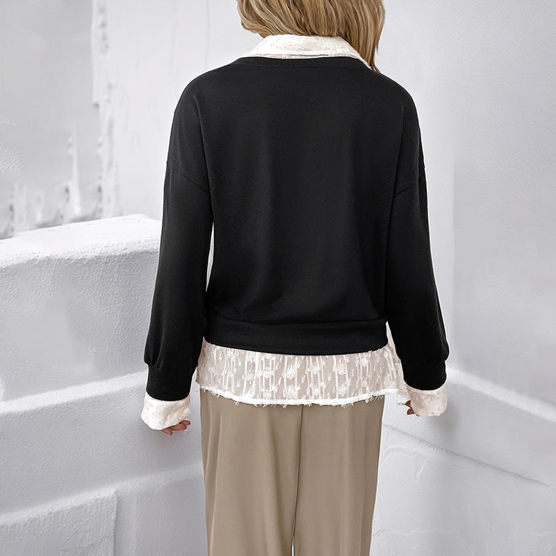 Damen Layered-Feinstrickpullover mit V-Ausschnitt und integriertem Spitzenbluseneinsatz Echoarchiv