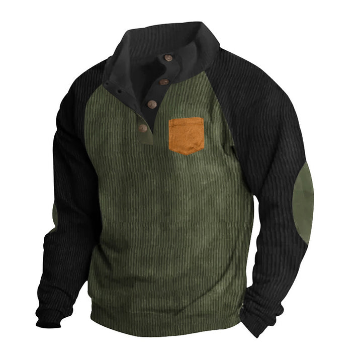 Herren Geripptes Henley‑Pullover mit Raglanärmeln, Ellenbogen‑Patches & Brusttasche – Cavarno