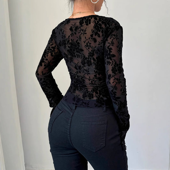 Damen nan eng anliegende transparente Mesh-Spitzenbluse mit tiefem V-Ausschnitt und floraler Veloursstruktur Echo Archiv