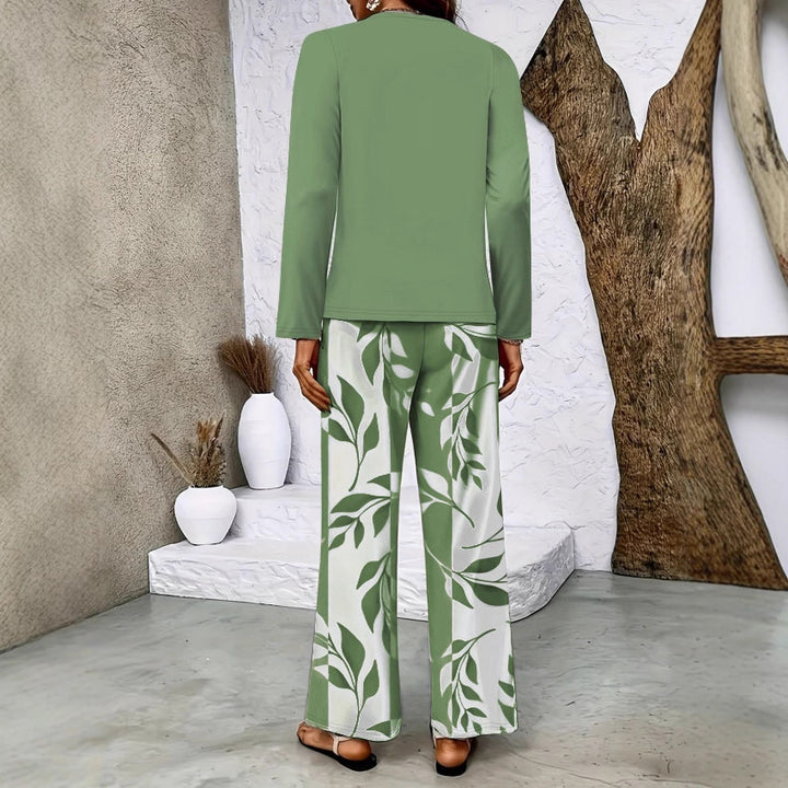 Damen Zweiteiliges Lounge-Set mit überlappendem Longsleeve und weiten Palazzo‑Hosen Echoarchiv