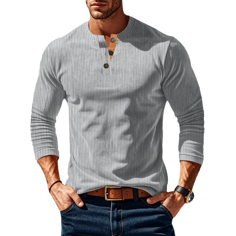 Herren nan gerippter Langarm-Henleypullover mit kurzem Stehkragen und dekorativer Knopfleiste Echo Archiv