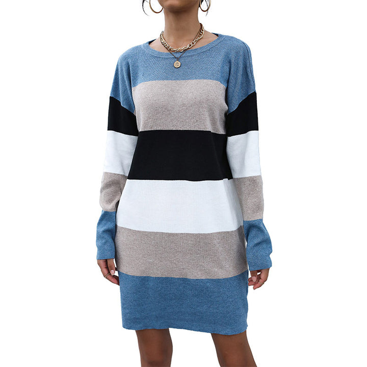 Damen Feinstrick-Minikleid mit Colorblock-Streifen, taillierter Silhouette und Rundhalsausschnitt Echoarchiv
