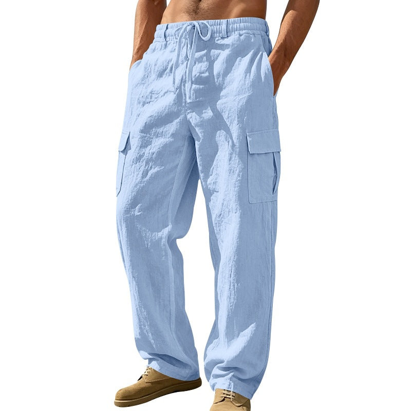 Herren nan entspannt geschnittene Strand-Cargohose aus Leinenblend mit elastischem Tunnelzug und zweifacher Klapptasche Echo Archiv