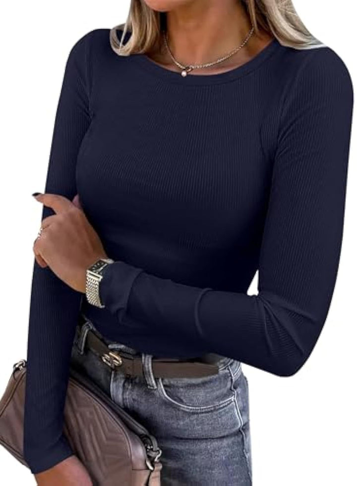 Damen Schmalgeschnittenes Ripp-Longsleeve mit Rundhalsausschnitt und Stretch-Baumwollmix – Avérine