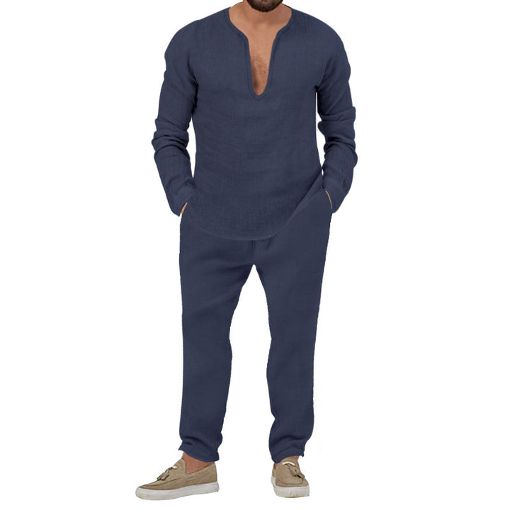 Herren Elegantes Leinen-Loungewear-Set mit Stehkragen Echoarchiv