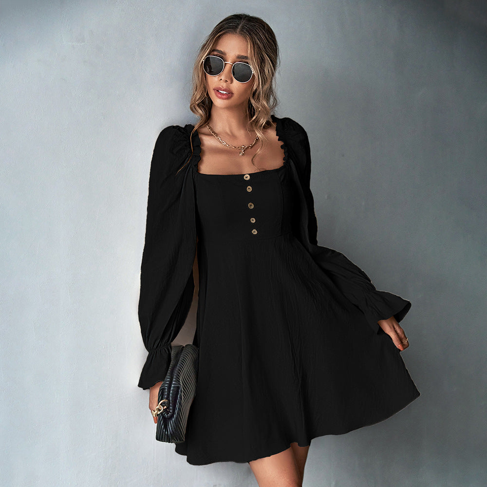Damen romantisches A-Linien Kleid mit Puffärmeln quadratischem Ausschnitt und taillenbetonter Silhouette – Élara