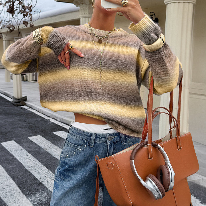 Damen Oversized-Feinstrickpullover mit Ombre-Verlauf, Rundhalsausschnitt und überschnittener Schulter – Mavelle