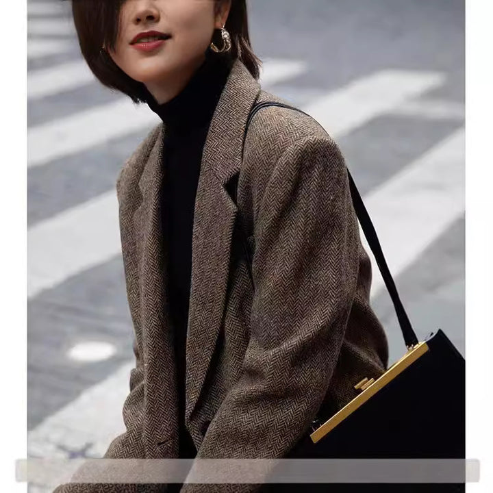 Damen Eleganter Tweed Blazer mit Taillengürtel Echoarchiv