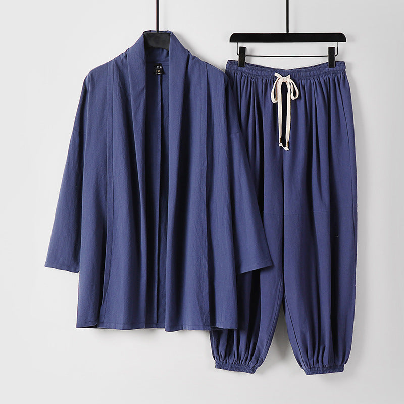 Unisex Entspanntes Kimono-Zweiteiler aus Baumwollmusselin mit Schalkragenjacke und geraffter Knöchelhose Echoarchiv