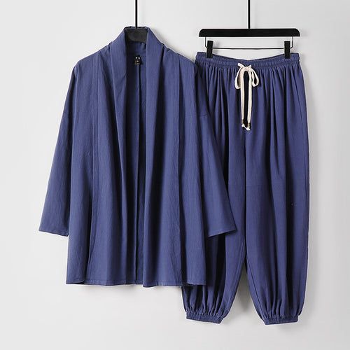 Unisex Entspanntes Kimono-Zweiteiler aus Baumwollmusselin mit Schalkragenjacke und geraffter Knöchelhose Echoarchiv
