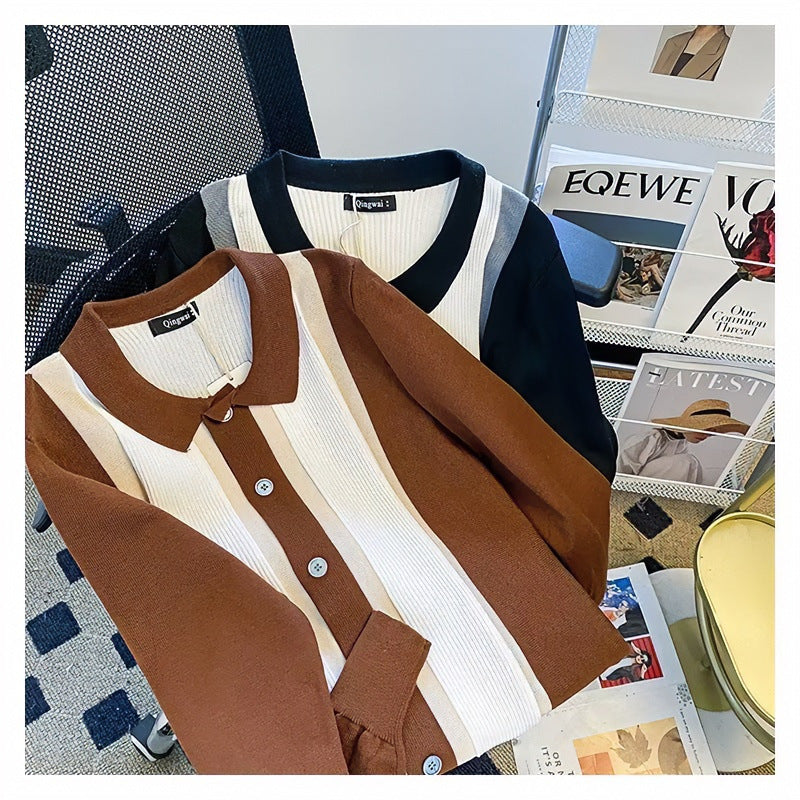 Damen Feinstrick-Cardigan mit Polokragen, kontrastierenden Rippeinsätzen und durchgehender Knopfleiste Echoarchiv