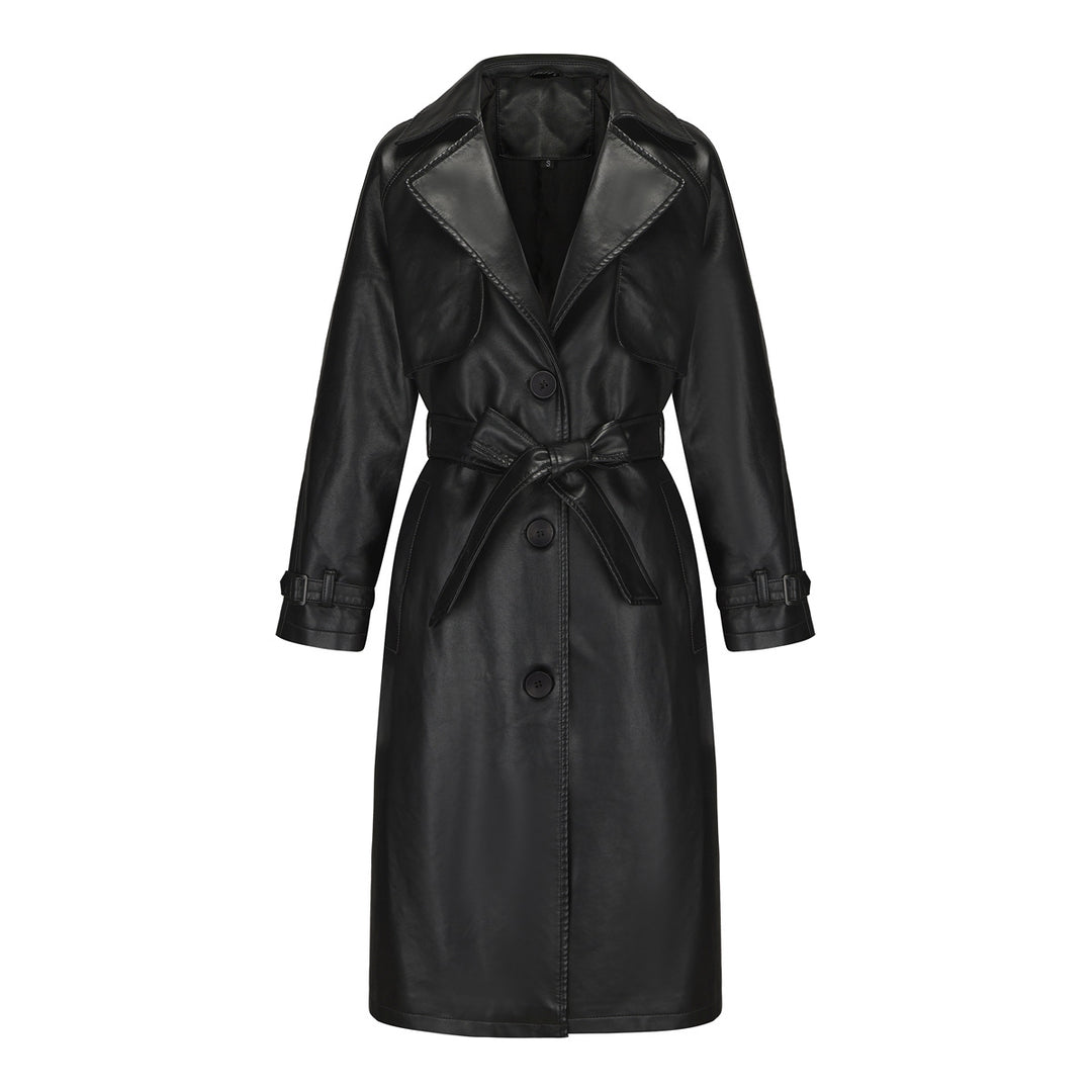 Damen nan langer taillierter Kunstleder-Trenchcoat mit Bindegürtel Echo Archiv