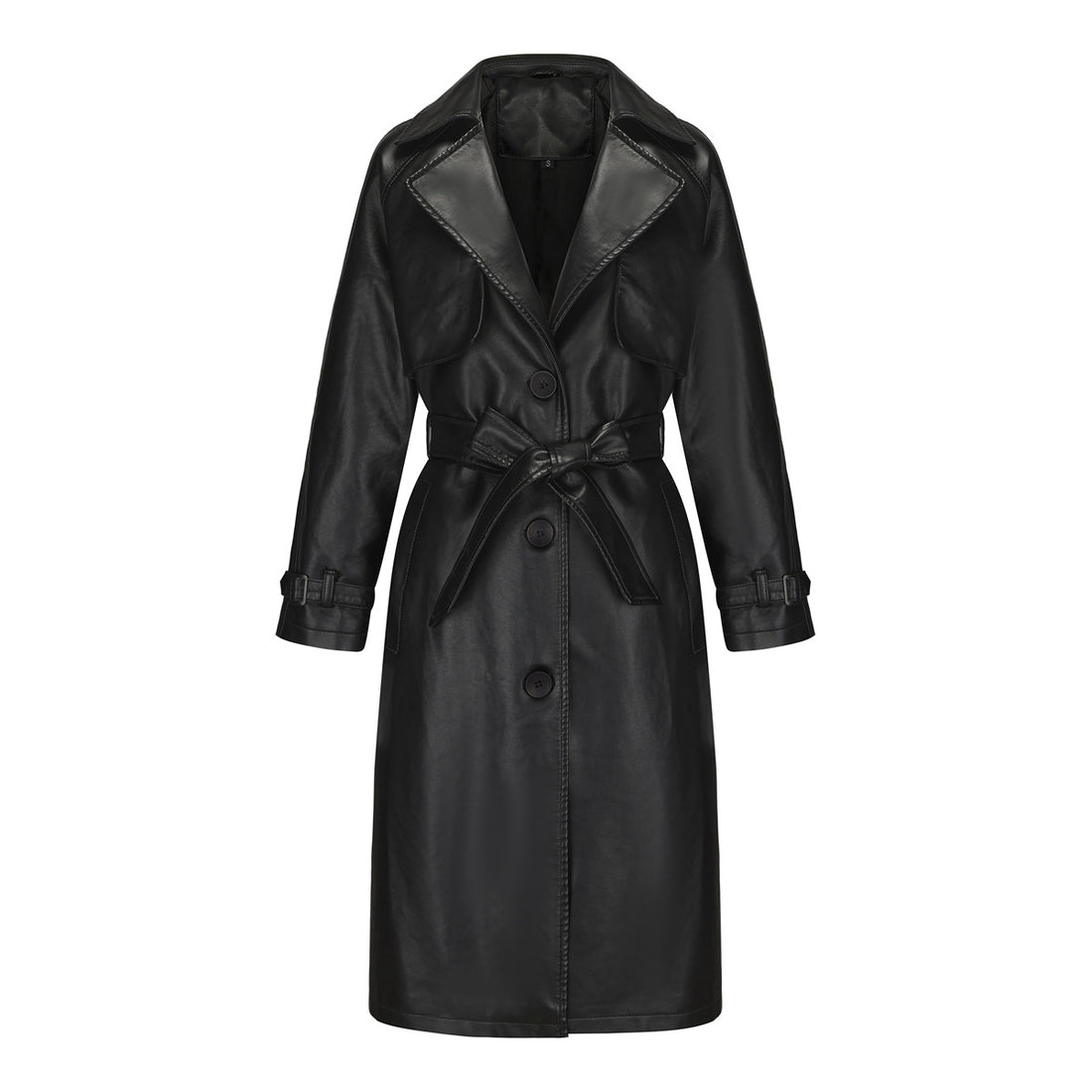 Damen langer taillierter Kunstleder-Trenchcoat mit Bindegürtel – Avérine