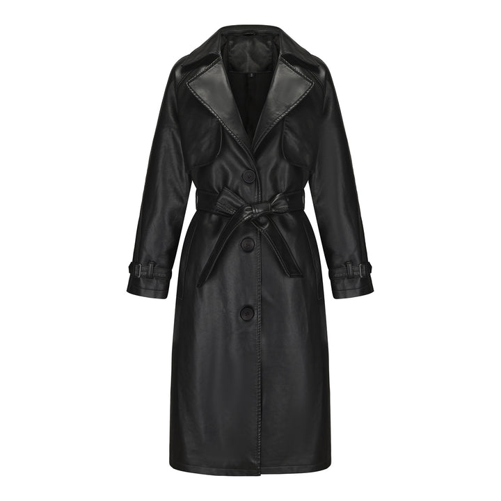 Damen nan langer taillierter Kunstleder-Trenchcoat mit Bindegürtel Echo Archiv