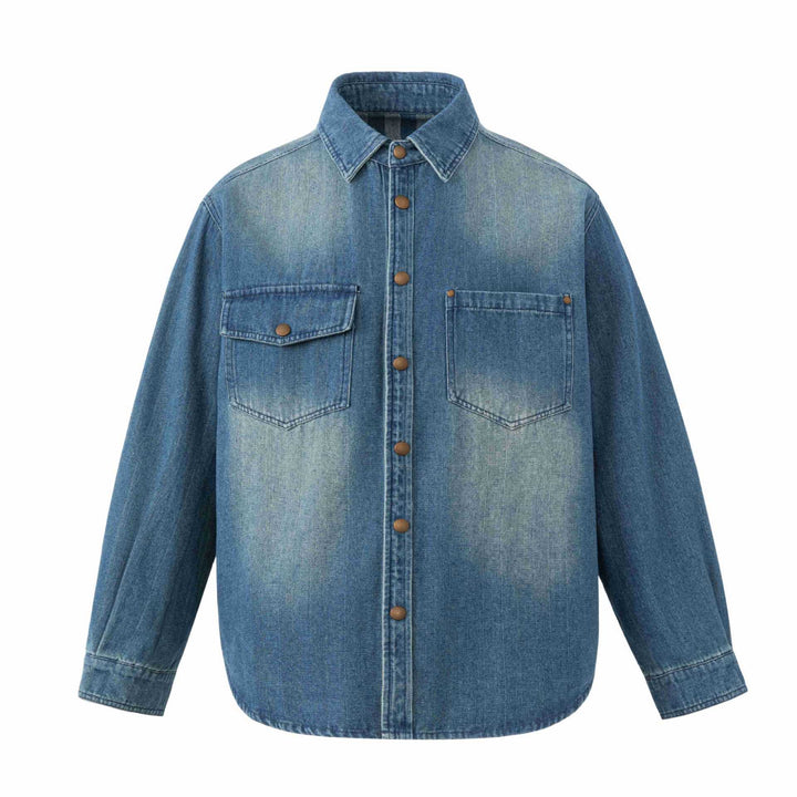 Unisex Oversize Denim‑Hemdjacke mit Druckknopfleiste und aufgesetzten Brusttaschen Echoarchiv