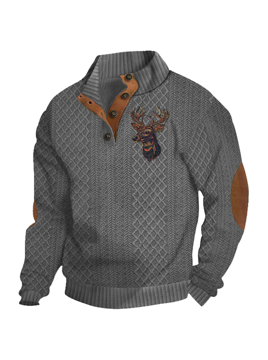 Herren nan Heritage-Strukturpullover mit Stehkragen Lederimitat-Besatz Ellenbogen-Patches und Halbknopfleiste Echo Archiv