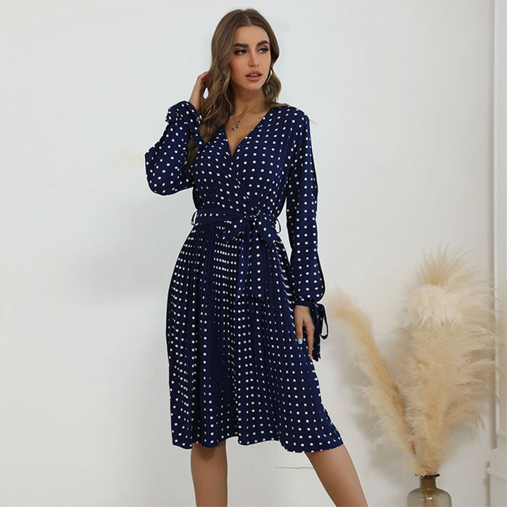 Damen Polka-Dot Wickelkleid mit V‑Ausschnitt, Bindegürtel und plissiertem Midirock Echoarchiv