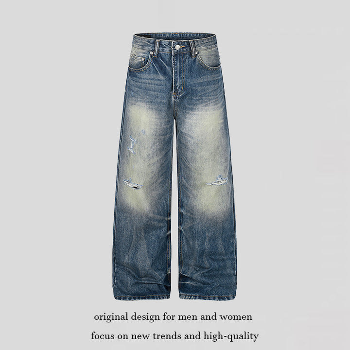 Damen Hochgeschnittene Jeans mit weitem Bein, Used‑Waschung und Destroyed‑Details Echoarchiv