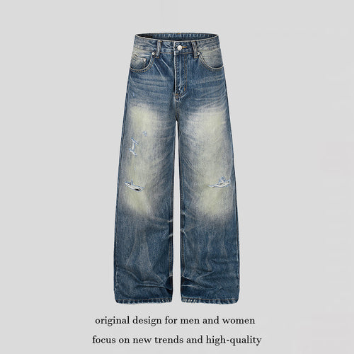 Damen Hochgeschnittene Jeans mit weitem Bein, Used‑Waschung und Destroyed‑Details Echoarchiv