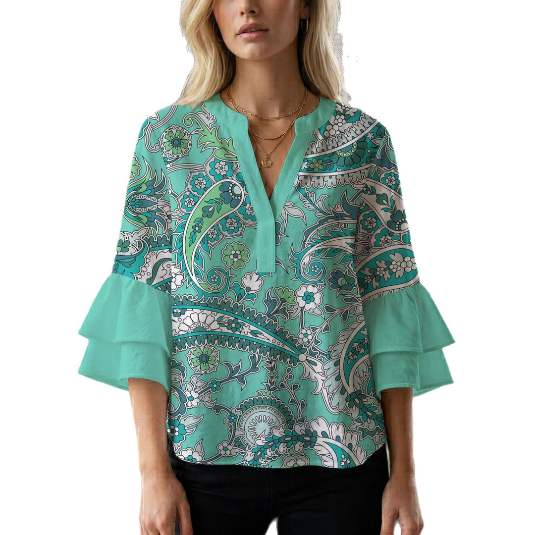 Damen elegantes Blusenshirt mit voluminösen Rüsenärmeln und grafischem Blumendesign Echo Archiv