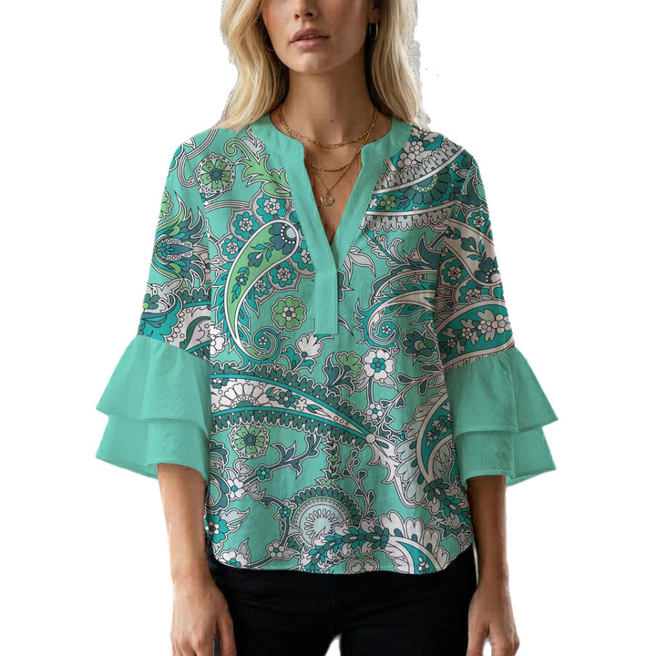 Damen elegantes Blusenshirt mit voluminösen Rüsenärmeln und grafischem Blumendesign Echo Archiv