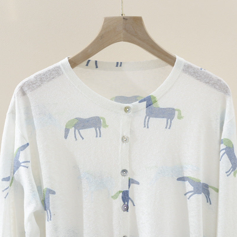 Damen Fein gestrickter Knopfcardigan mit Pferde-Print und Rundhalsausschnitt Echo Archiv