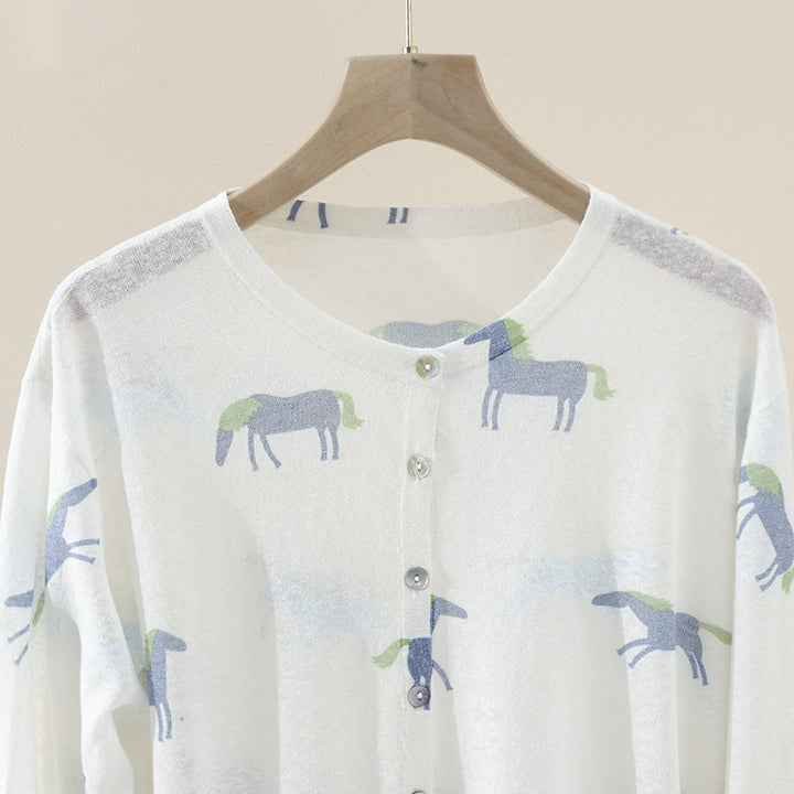 Damen Fein gestrickter Knopfcardigan mit Pferde-Print und Rundhalsausschnitt Echo Archiv
